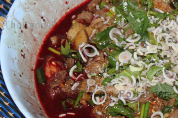 Und hier das in frischem Entenblut eingelegte Entenfleisch mit Zwiebeln und Kräutern als Thai-Fleischsalat den man halb roh zu sich nimmt.