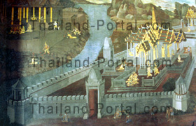 Die Ramakien Wandmalereien im Wat Phra Kaeo Tempel in Bangkok